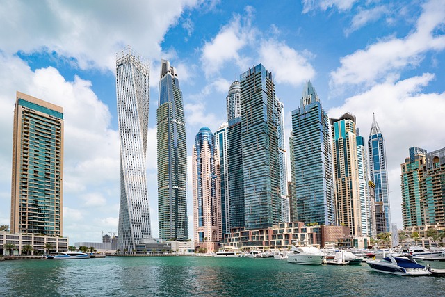 Dubai Marina towers and waterfront, home to thousands of expat apartments streaming TV from every continent